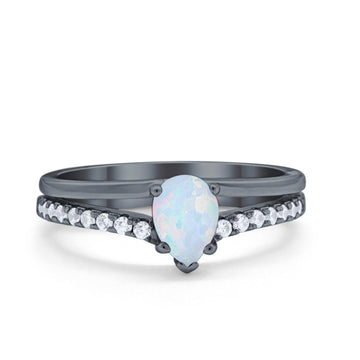 Teardrop Wedding Ring Black Tone, Lab Created White Opal Accent 925 Sterling Silver